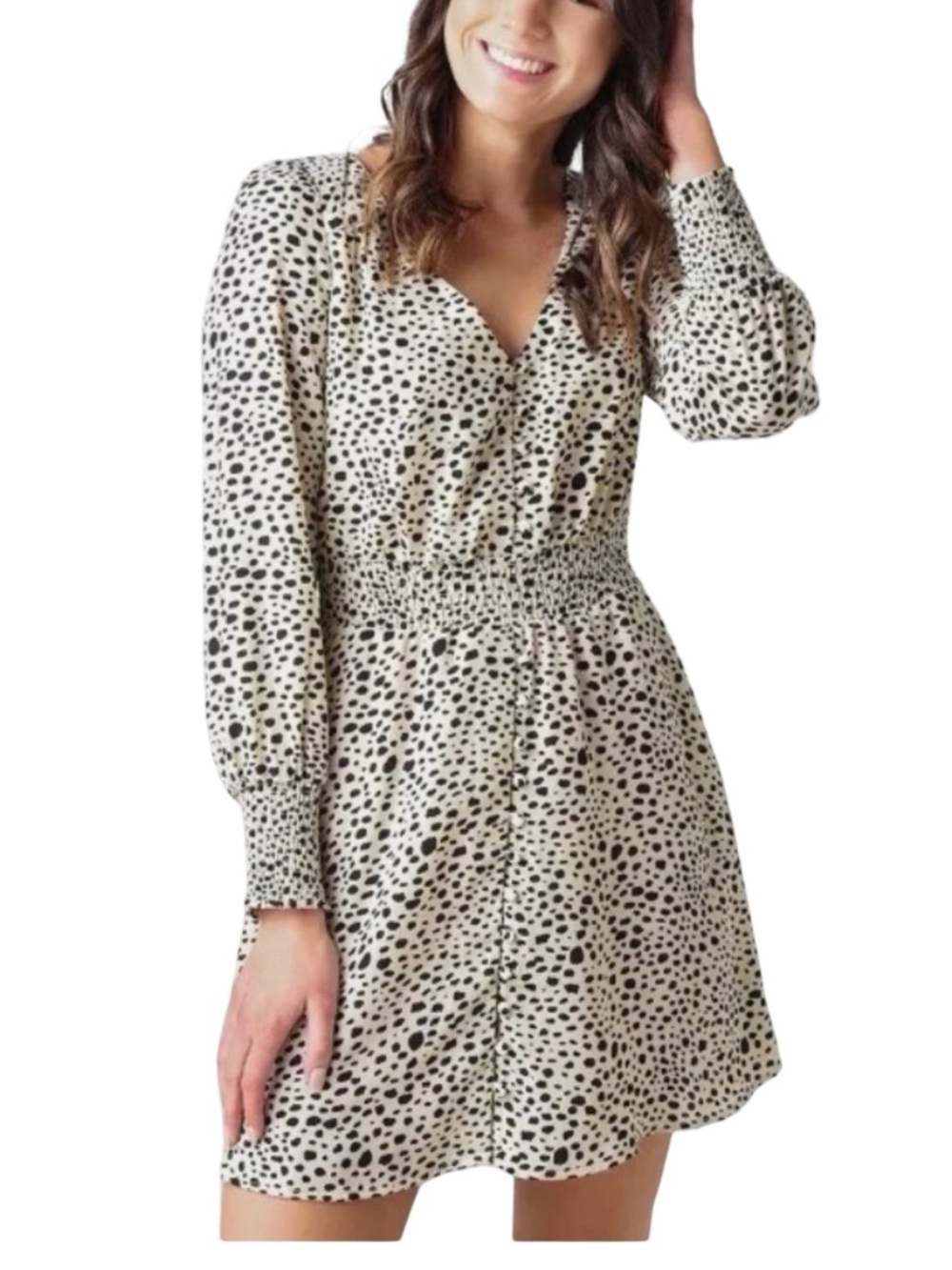 Pretty Garden | Polka Dot Smocked Waist Long-Sleeve Dress in Cream and Black | M